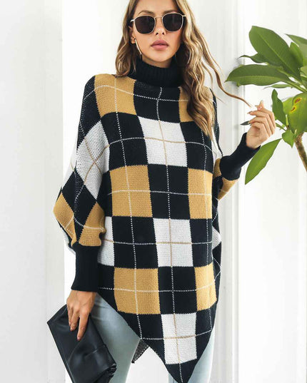 Plaid Turtleneck Dolman Sleeve Poncho