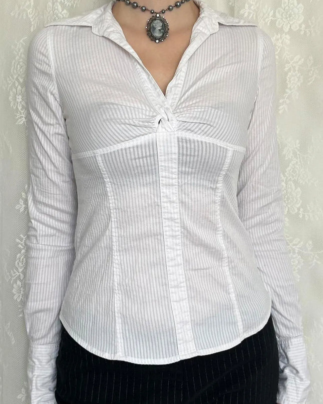 Ruched Striped Collared Neck Long Sleeve Shirt White