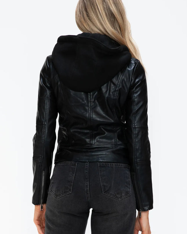 Snobbish Faux Leather Zip Up Drawstring Hooded Jacket