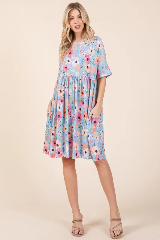 BOMBOM Floral Shirred Dress with Pockets AS SHOWN