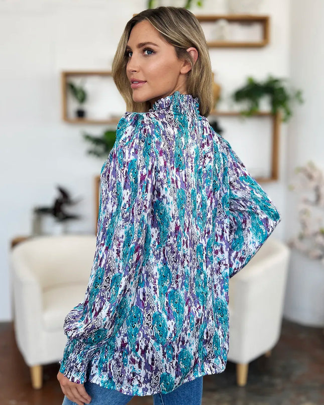 Double Take Full Size Printed Smocked Long Sleeve Blouse