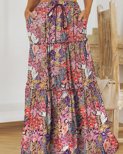 Floral Frill Trim Tiered Maxi Skirt Multicolor