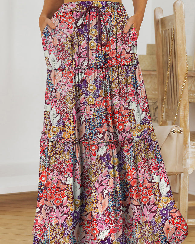 Floral Frill Trim Tiered Maxi Skirt Multicolor