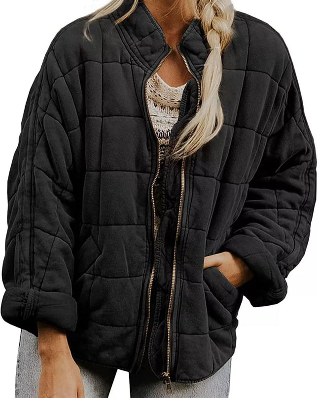 Full Size Zip Up Quilted Bomber Jacket Plus Size Black