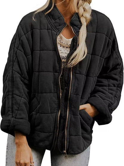 Full Size Zip Up Quilted Bomber Jacket Plus Size Black