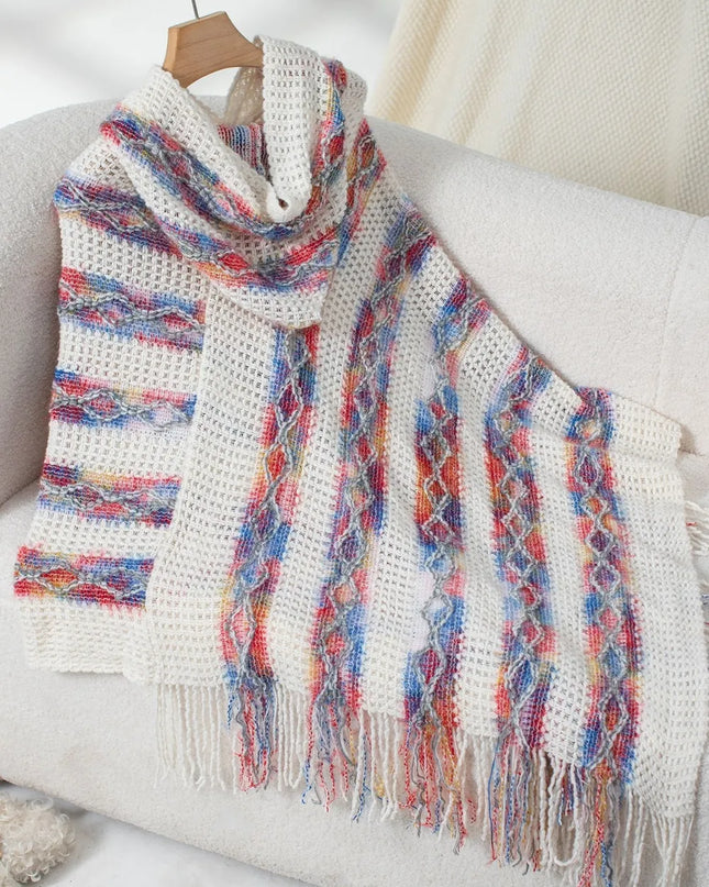 Fringe Contrast Hooded Poncho