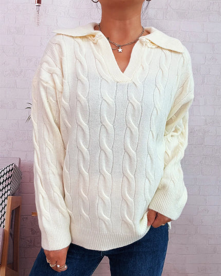 Cable Knit Johnny Collar Sweater White One Size