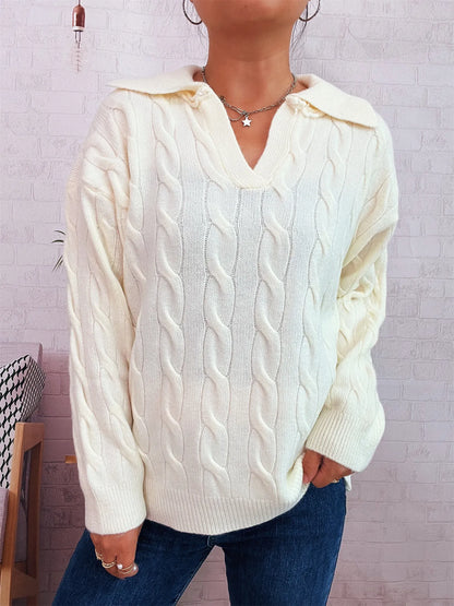 Cable Knit Johnny Collar Sweater White One Size