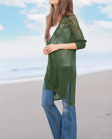 Openwork Side Slit Open Front Long Sleeve Cardigan