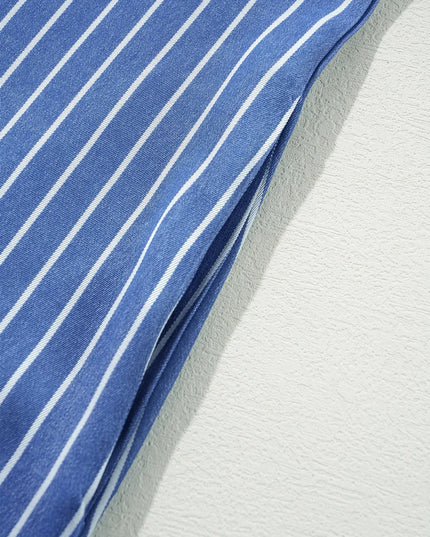 Stripe Frilly Split Neck Shirred Ruffle Sleeve Short Shift Dress