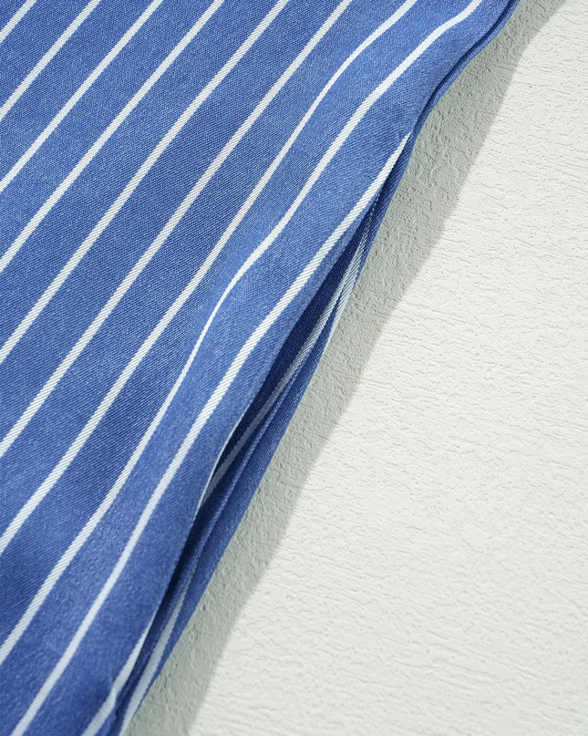 Stripe Frilly Split Neck Shirred Ruffle Sleeve Short Shift Dress