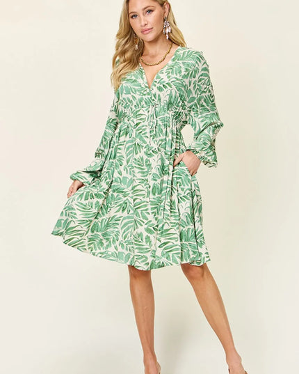 Double Take Full Size Printed Ruched Balloon Sleeve Dress