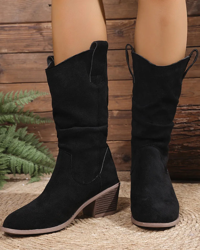 Suede Block Heels Boots Black