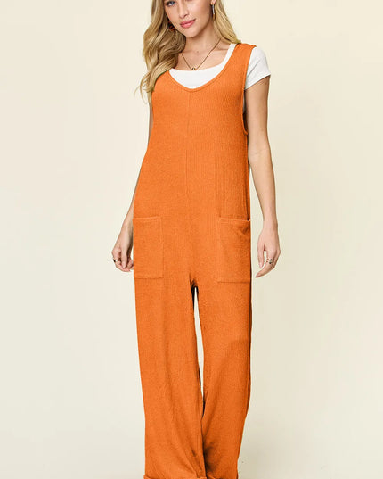 Double Take Full Size Texture Sleeveless Wide Leg Jumpsuit Tangerine