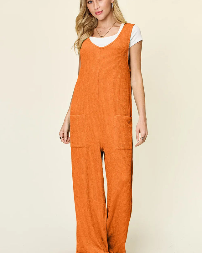 Double Take Full Size Texture Sleeveless Wide Leg Jumpsuit Tangerine