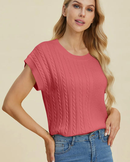 Double Take Full Size Cable-Knit Round Neck Short Sleeve Sweater