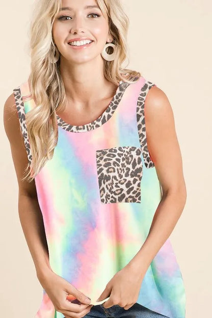 BiBi Sleeveless Tie Dye Top With Leopard Band