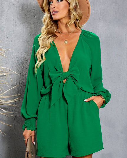 Tied Flounce Sleeve Plunge Romper Mid Green
