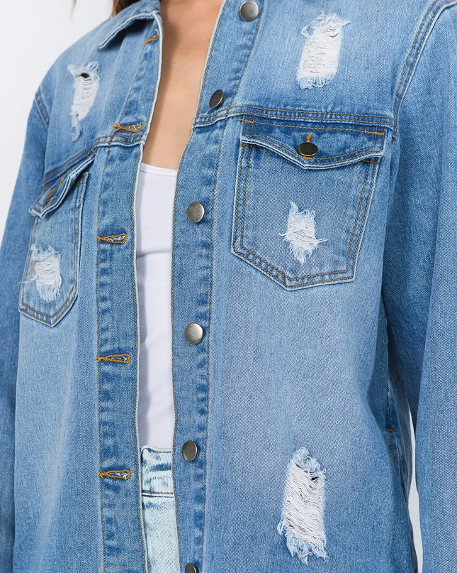 American Bazi Distressed Frayed Hem Denim Jacket 