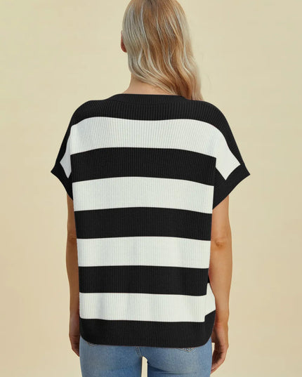 Double Take Full Size Striped V-Neck Short Sleeve Sweater