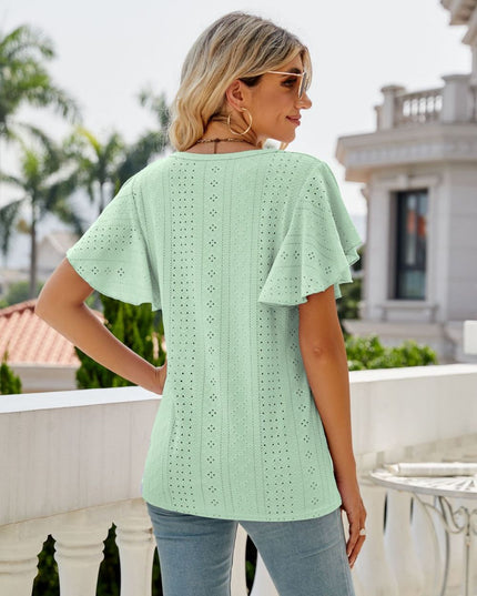 Eyelet Flutter Sleeve Round Neck Top