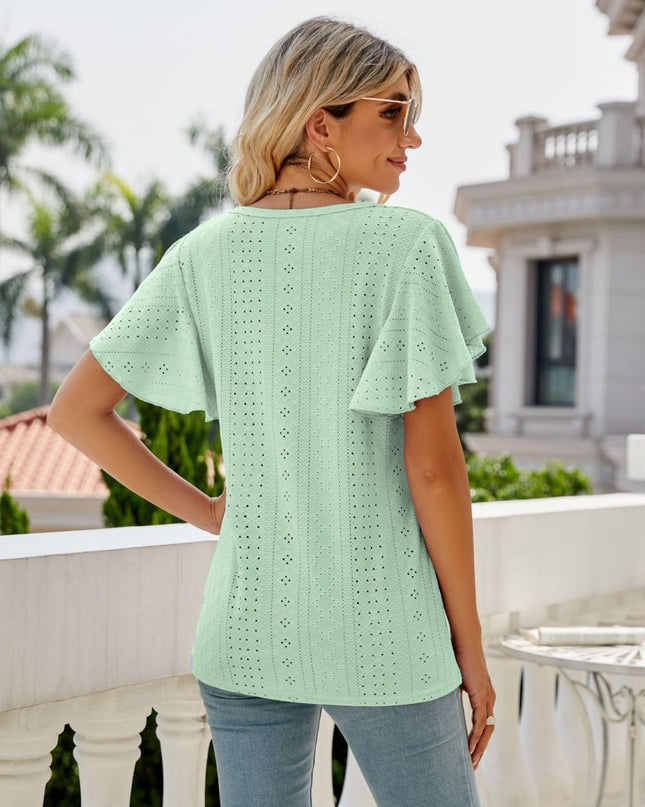 Eyelet Flutter Sleeve Round Neck Top