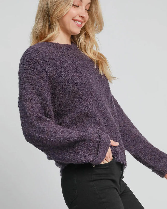Umgee Full Size Round Neck Long Sleeve Boucle Sweater Plus Size