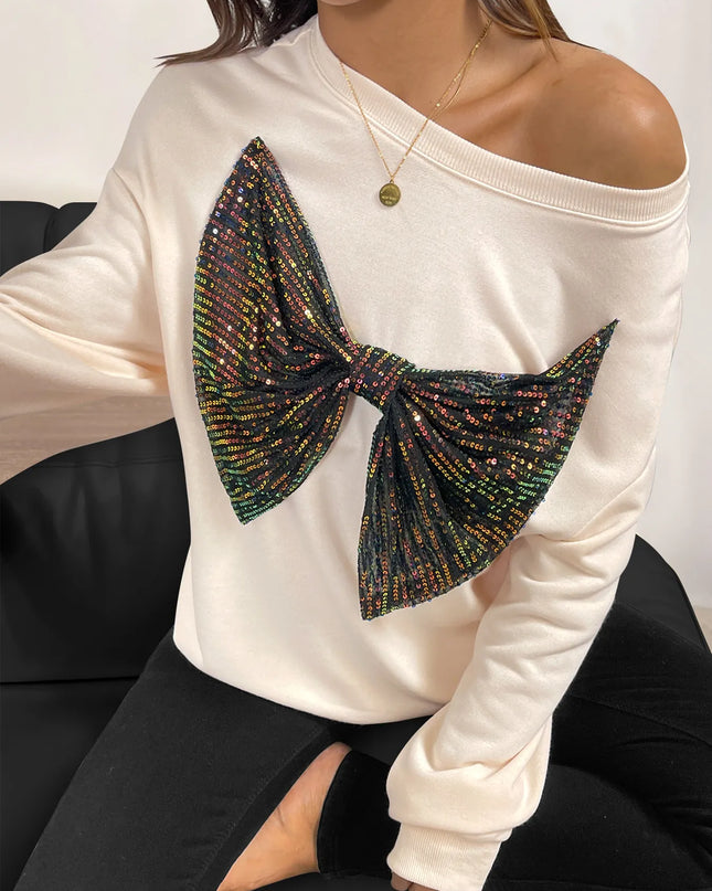 Sequined Bow Round Neck Sweatshirt