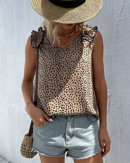 Perfee Leopard Frill Trim V-Neck Tank