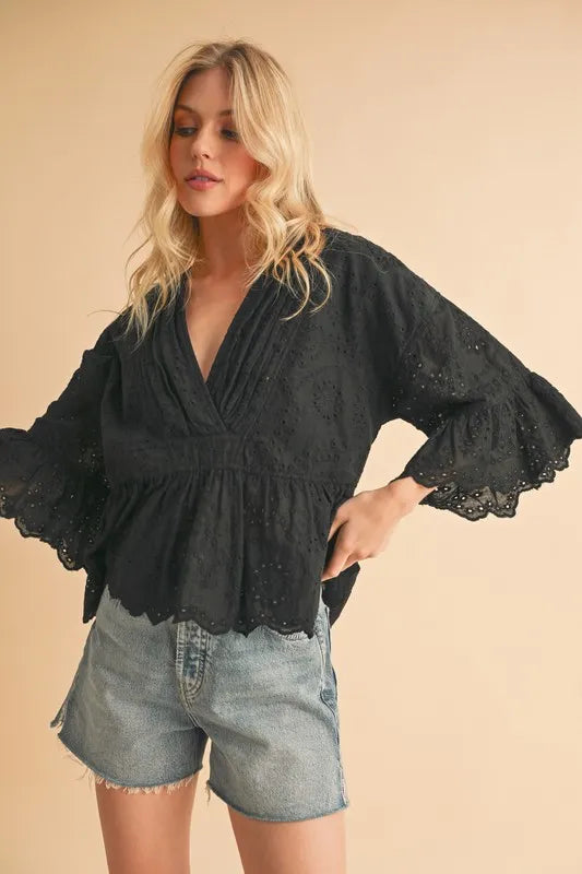 Aemi+Co Flounce Sleeve Eyelet Peplum Top