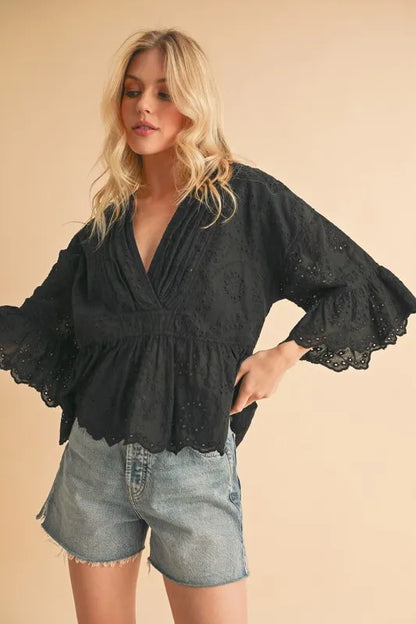 Aemi+Co Flounce Sleeve Eyelet Peplum Top