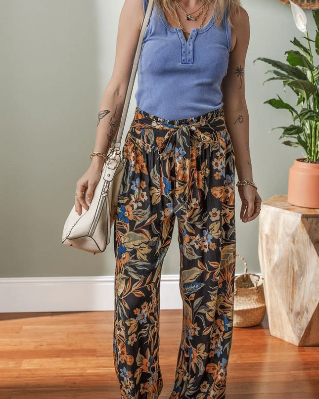 Floral Shirred High Waist Wide Leg Pants with Tie