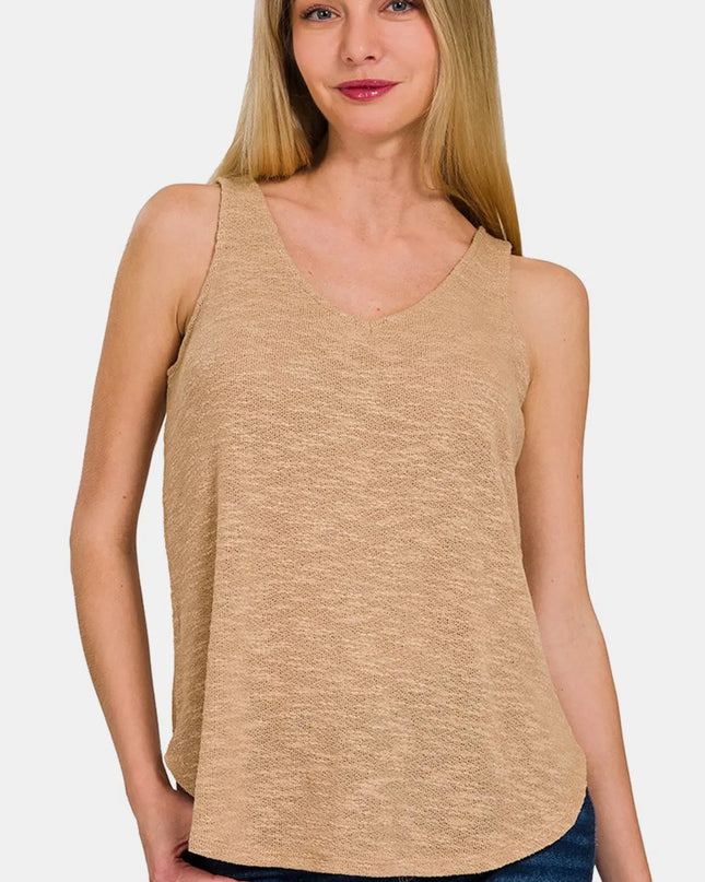 Zenana V-Neck Curved Hem Tank Dk Brush