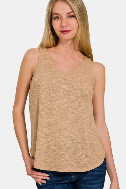 Zenana V-Neck Curved Hem Tank Dk Brush