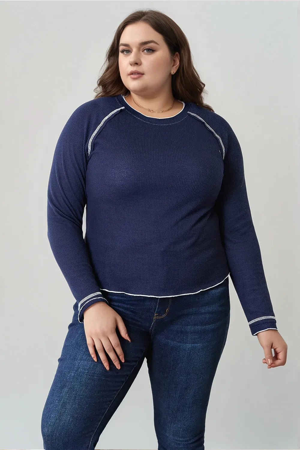 Basic Bae Long Raglan Sleeve Round Neck Top Dark Blue