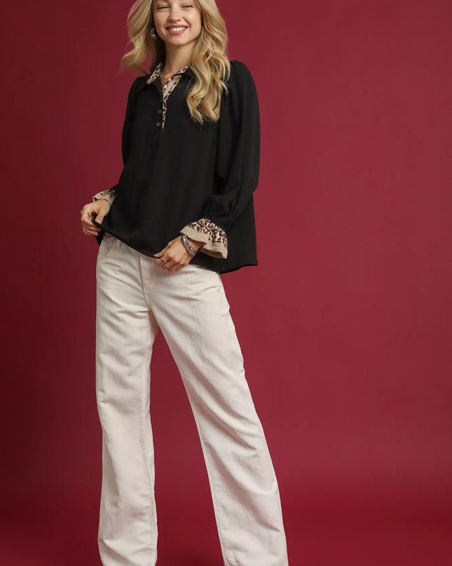 Umgee Half Button Blouse with Leopard Print Trim