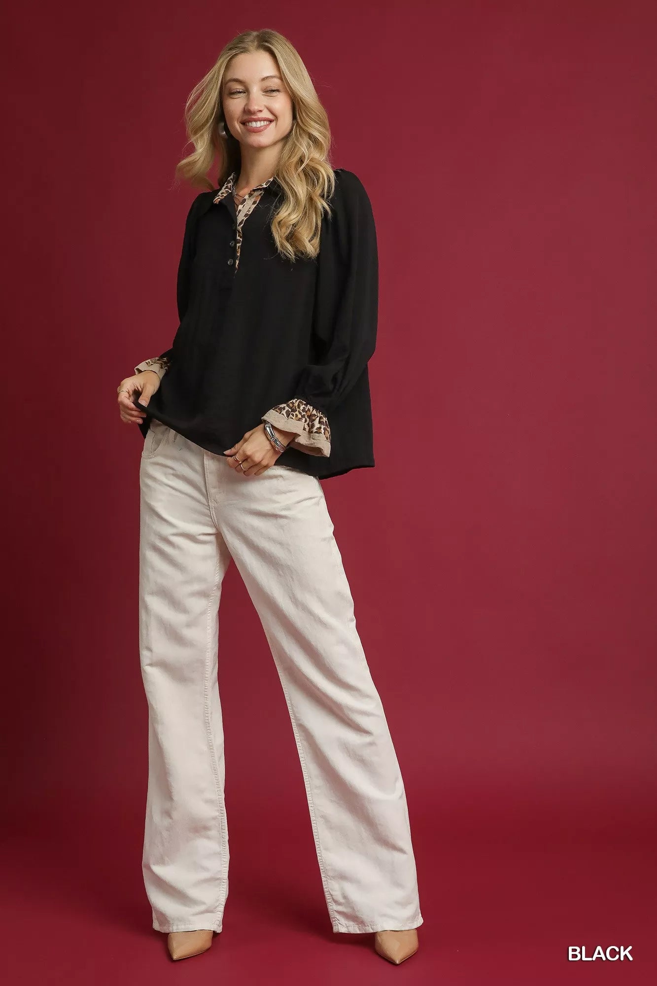 Umgee Half Button Blouse with Leopard Print Trim