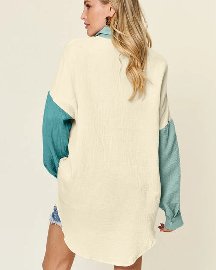 Double Take Full Size Pocketed Texture Button Up Shirt