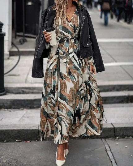 Printed Surplice Long Sleeve Maxi Dress