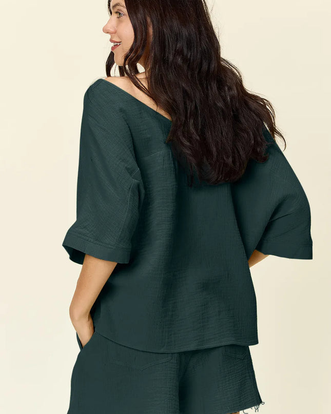 Double Take Texture Half Sleeve T-Shirt and Drawstring Shorts Set