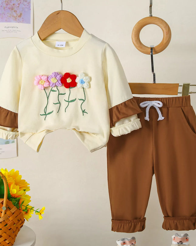 Children's Flower Long Sleeve Top and Pants Set Caramel