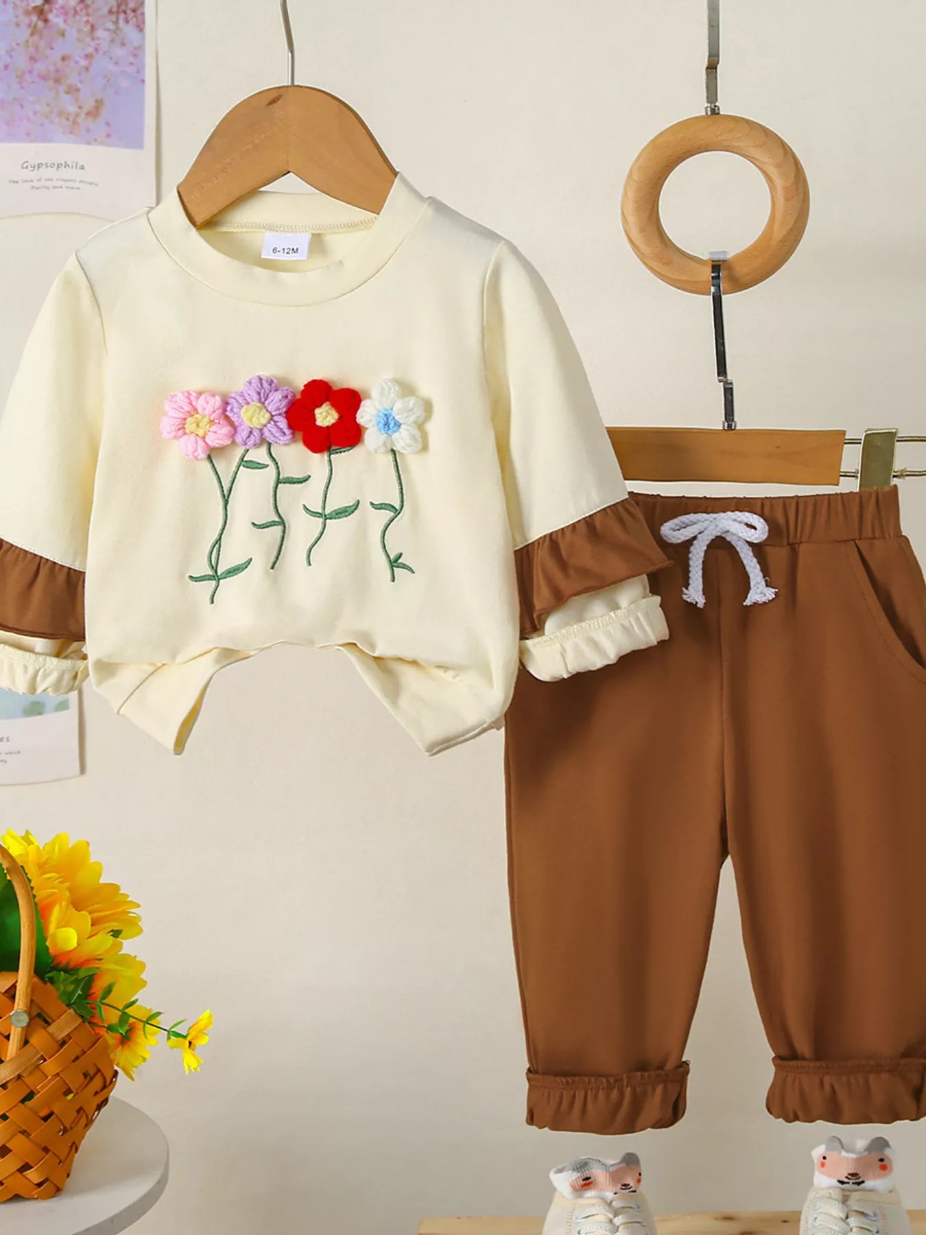 Children's Flower Long Sleeve Top and Pants Set Caramel