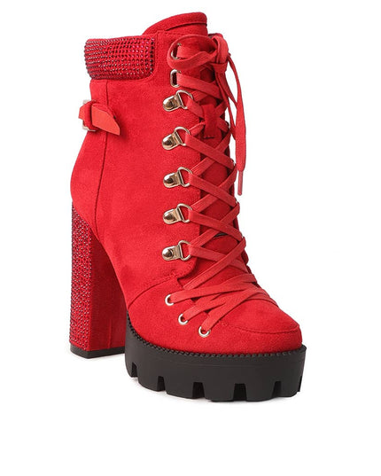 Birch Diamante Set Block Heeled Ankle Boot Red