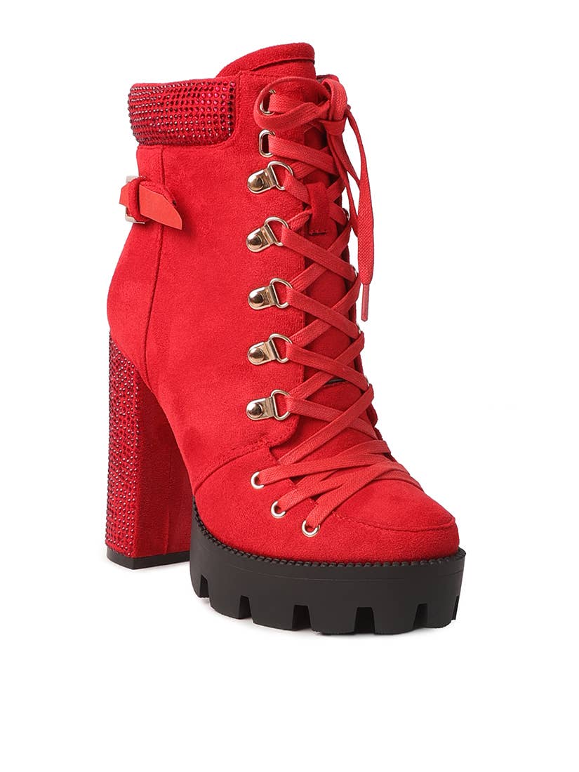 Birch Diamante Set Block Heeled Ankle Boot Red
