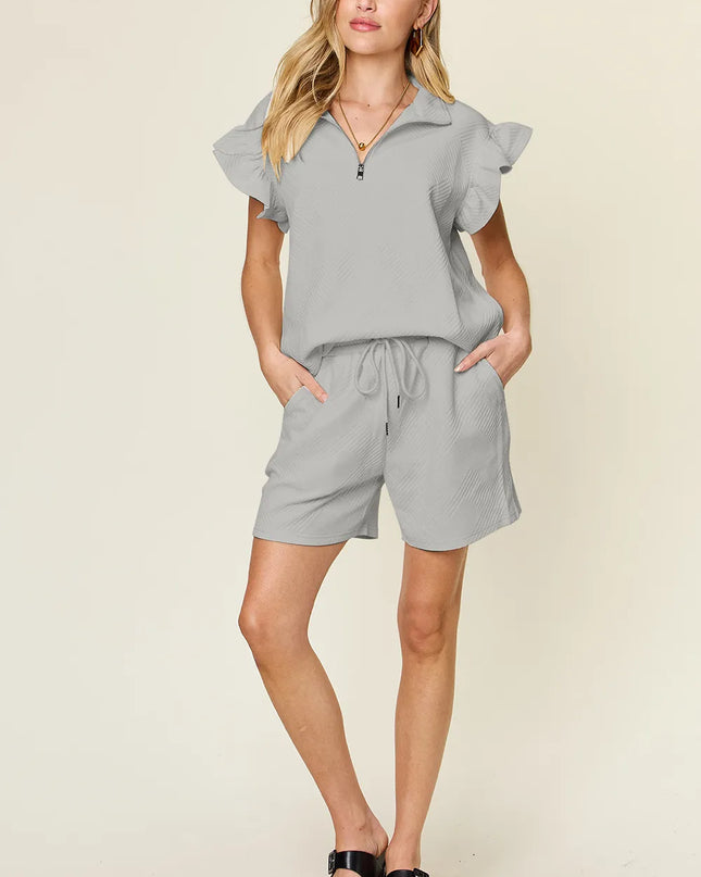 Double Take Full Size Texture Flounce Sleeve Top and Drawstring Shorts Set