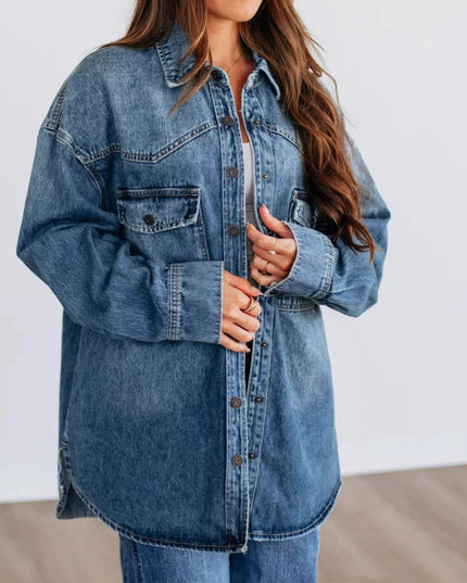 Snap Down Dropped Shoulder Denim Jacket Dark Blue