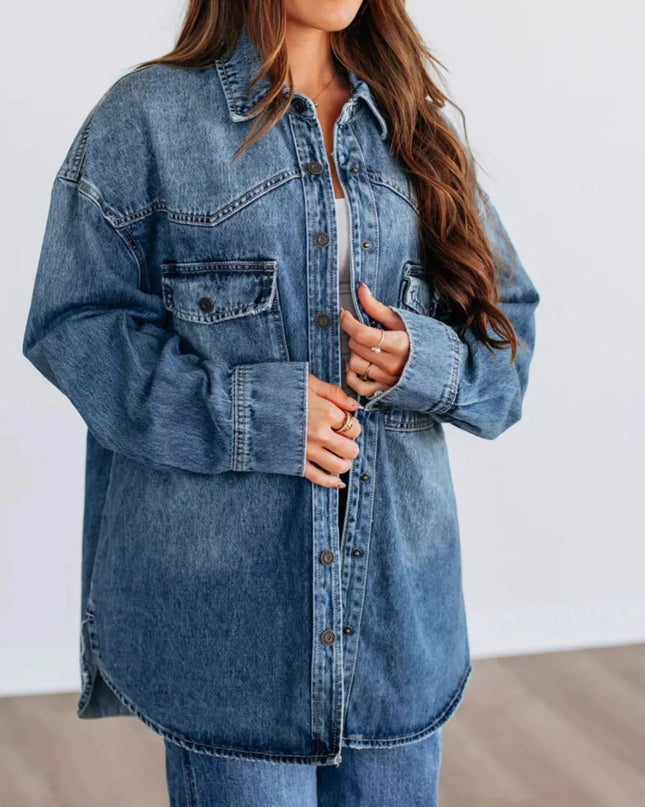 Snap Down Dropped Shoulder Denim Jacket Dark Blue
