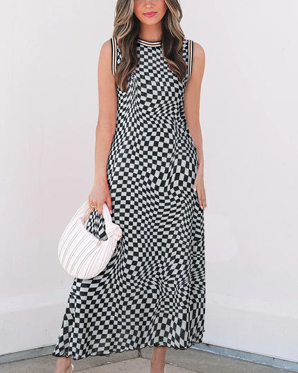 Checkered Round Neck Sleeveless Midi Dress 