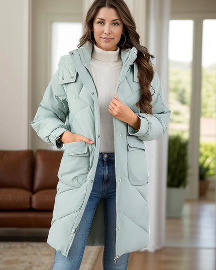 Long Sleeve Longline Hooded Winter Coat with Pockets Sage