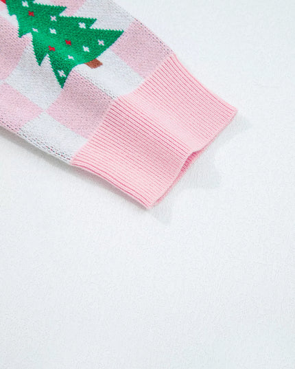 Christmas Tree Pattern Checkered Button V Neck Cardigan